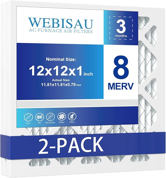 12x12x1 Air Filter MERV 8 MPR 600 2Pack Pleated HVAC Furnace AC Filters for Home Air Conditioner (Exact size: 11 3/4"x11 3/4"x 3/4")