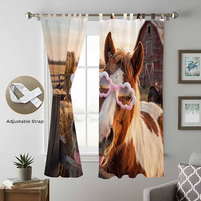 Farm Horses Living Room Curtains 96 Inch Length, Window Curtains Tab Top, Farmhouse Barn Funny Animals Butterfly Light Filtering Window Treatments Drapes 52"x96" 2 Panel