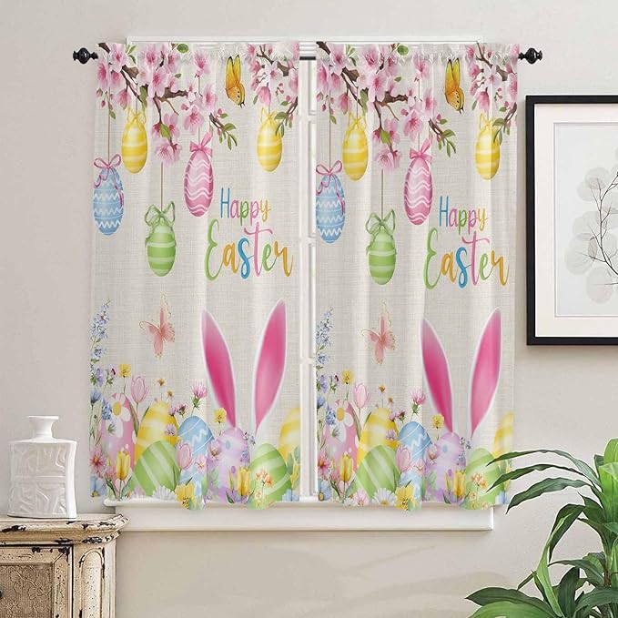 Happy Easter Bedroom Curtains 63 Inches length, Spring Farmhouse Bunny Eggs Flower Beige Window Treatment Curtain Drapes, Rod Pocket Curtain Panels for Living Room Kitchen, 42"x63", 2 Panels