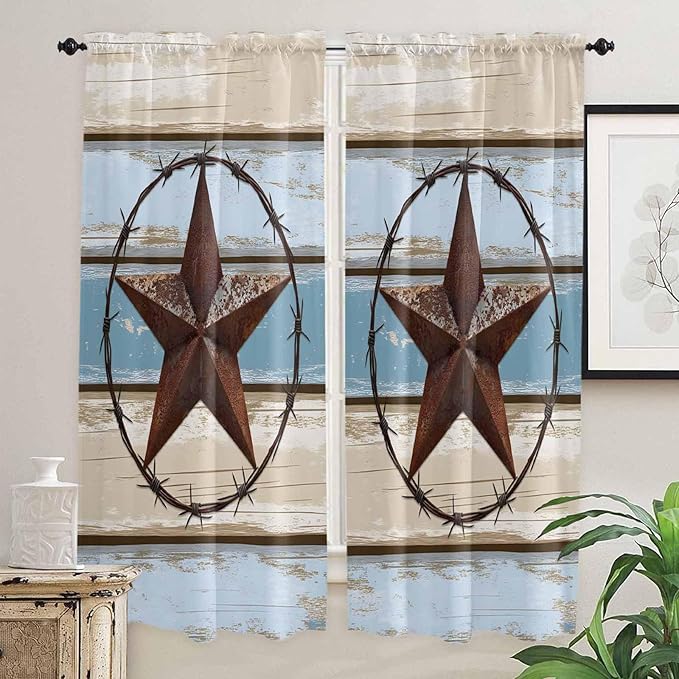 Vintage Western Star on Wood Grain Window Valance Curtains, Retro Wooden Texture Light Filtering Kitchen Valance with 3-inch Rod Pocket for Living Room Bathroom Bedroom,2 Panel,52x72In
