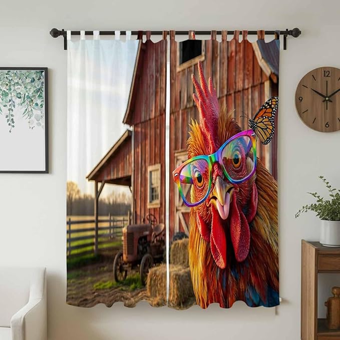 Farm Rooster Living Room Curtains 96 Inch Length, Window Curtains Tab Top, Farmhouse Barn Funny Animals Butterfly Light Filtering Window Treatments Drapes 52"x96" 2 Panel