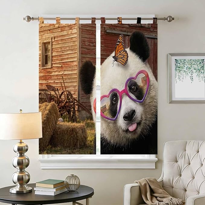 Farm Panda Living Room Curtains 84 Inch Length, Window Curtains Tab Top, Farmhouse Barn Funny Animals Butterfly Light Filtering Window Treatments Drapes 42"x84" 2 Panel