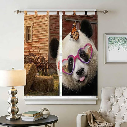 Farm Panda Bathroom Curtains 63 Inch Length, Window Curtains Tab Top, Farmhouse Barn Funny Animals Butterfly Light Filtering Window Treatments Drapes 52"x63" 2 Panel
