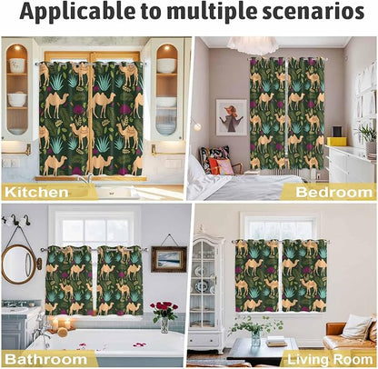 2 Panel Kitchen Cafe Curtains, Retro Desert Camel Sunlight Filtering Nature Air Through, Home Decor Window Covering Tier Curtains for Bedroom Living Room Tropical Animal Aloe Vera Leaves Dark Green