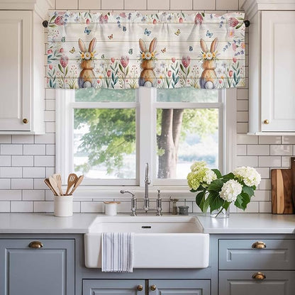 Easter Curtain Valances for Windows, Kitchen Valance Window Treatment, Spring Bunny Butterfly Botanical Wooden Grain Light Filtering Block Curtains for Bathroom/Bedroom/Living Room 54'' x 18''