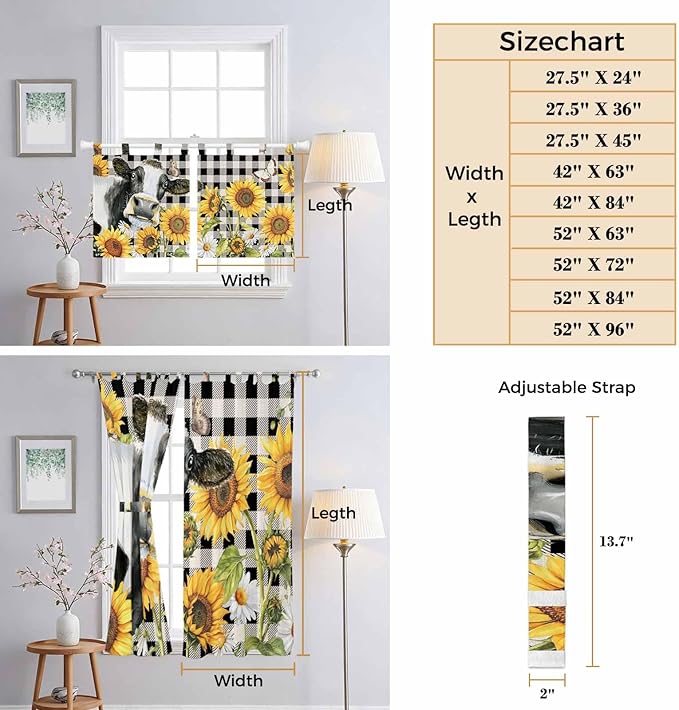 Retro Sunflowers Living Room Curtains 84 Inch Length, Window Curtains Tab Top, Farmhouse Floral Cow Butterfly Black Plaid Light Filtering Window Treatments Drapes 42"x84" 2 Panel