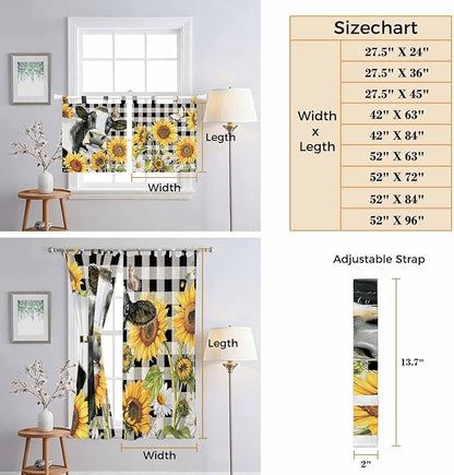 Retro Sunflowers Bedroom Curtains 63 Inch Length, Window Curtains Tab Top, Farmhouse Floral Cow Butterfly Black Plaid Light Filtering Window Treatments Drapes 42"x63" 2 Panel