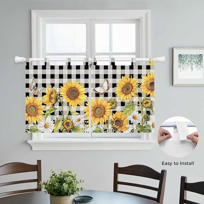 Sunflowers Kitchen Curtains 24 Inch Length, Small Window Curtains Tab Top, Yellow Flowers Butterfly Farmhouse Black Plaid Light Filtering Short Window Treatments Tier Drapes 27.5"x24" 2 Panel