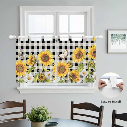 Sunflowers Kitchen Curtains 24 Inch Length, Small Window Curtains Tab Top, Yellow Flowers Butterfly Farmhouse Black Plaid Light Filtering Short Window Treatments Tier Drapes 27.5"x24" 2 Panel