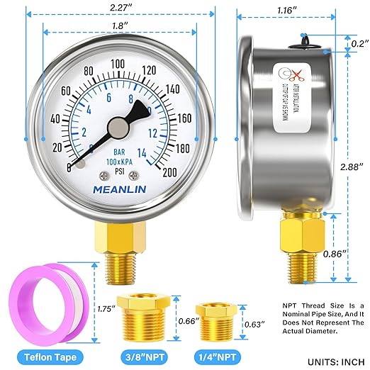 MEANLIN MEASURE 0~200Psi Dry Pressure Gauge Stainless Steel 1/8" NPT 2" FACE DIAL Waterproof for Air Compressor Air Regulator Water Filter Lower Mount, with 1/4" NPT and 3/8" NPT Hex Bushing