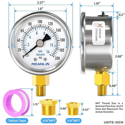 MEANLIN MEASURE 0~200Psi Dry Pressure Gauge Stainless Steel 1/8" NPT 2" FACE DIAL Waterproof for Air Compressor Air Regulator Water Filter Lower Mount, with 1/4" NPT and 3/8" NPT Hex Bushing