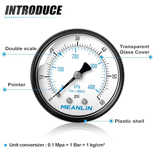 MEANLIN MEASURE 1/4" NPT 0-60Psi Swimming Pool Water Pressure Gauge 2" FACE DIAL, Center Back Mount, with 1/2" NPT and 3/8" NPT Hex Bushing