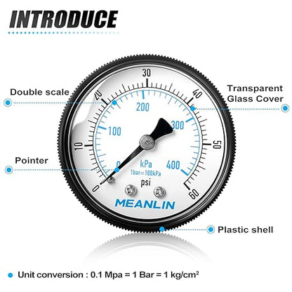 MEANLIN MEASURE 1/4" NPT 0-60Psi Swimming Pool Water Pressure Gauge 2" FACE DIAL, Center Back Mount, with 1/2" NPT and 3/8" NPT Hex Bushing