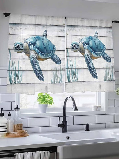 Sheer Curtains 54 Inch Length, Sea Turtle Blue Semi Sheer Curtains Light Filtering Window Treatment, Coastal Ocean Seaweed Wood Grain Privacy Voile Drapes for Living Room Bedroom 52x54 Inch