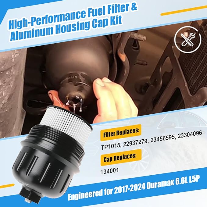iFJF TP1015 Fuel Filter and 134001 Housing Cap Replacement for Duramax 6.6L 2017-2024 Chevy Silverado/GMC Sierra 2500HD 3500HD L5P Diesel Engine(Black Cap)