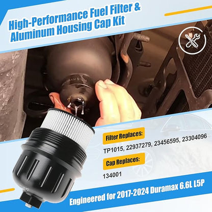 iFJF TP1015 Fuel Filter and 134001 Housing Cap Replacement for Duramax 6.6L 2017-2024 Chevy Silverado/GMC Sierra 2500HD 3500HD L5P Diesel Engine(Black Cap)