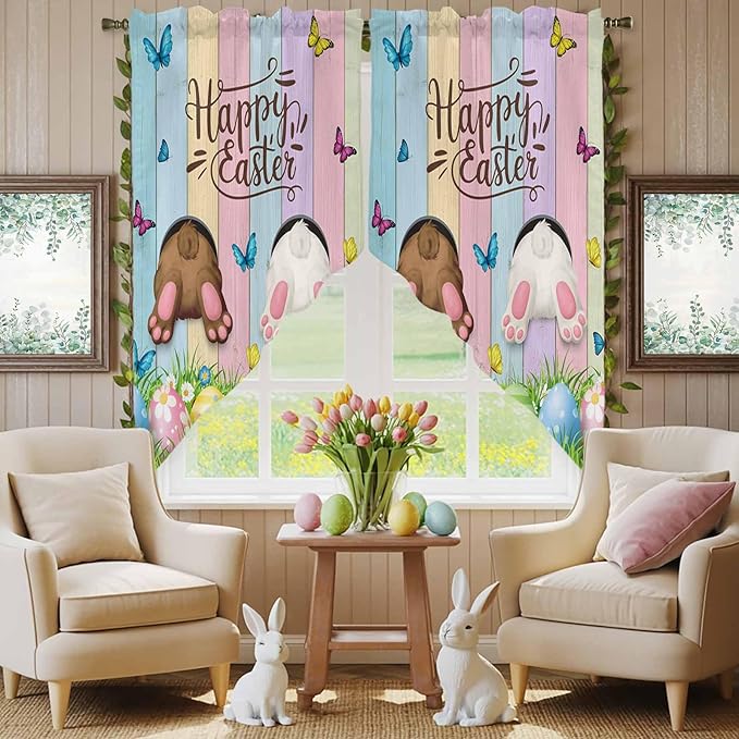 Swag Curtain Valances for Kitchen Windows,Happy Easter Rabbit Butt Egg on Daisy Leaf Short Rod Pocket Window Valance,Bufferfly on Wood Barn Swag Topper for Bedroom Living Room,2 Panels 36x63in
