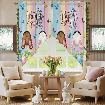 Swag Curtain Valances for Kitchen Windows,Happy Easter Rabbit Butt Egg on Daisy Leaf Short Rod Pocket Window Valance,Bufferfly on Wood Barn Swag Topper for Bedroom Living Room,2 Panels 36x63in