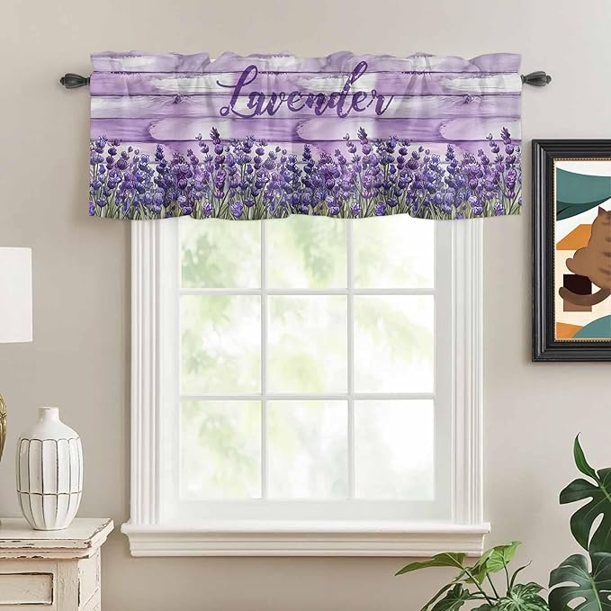 Kitchen Valances for Window, Retro Lavender on Farm Wood Grain Light Filtering Rod Pocket Valance Curtain, Watercolor Purple Flowers Short Curtains Window Topper for Bedroom Living Room 42x12in