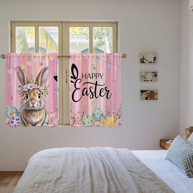 Easter Kitchen Curtains, Spring Rabbit Eggs Flowers Flags Leaves Wood Grain Light Filtering Window Curtain Panels, 2Pcs Rod Pocket Window Treatments Set for RV Dining Room Study Room 42x54 Inches
