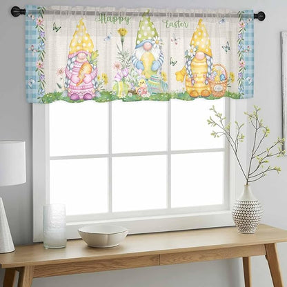 Easter Sheer Valances for Windows 42"x12", Light Filtering Kitchen Curtains Valance, Gnomes Colorful Eggs Butterfly Flowers Blue Check Rod Pocket Chiffon Curtains for Living Room Bedroom Cafe