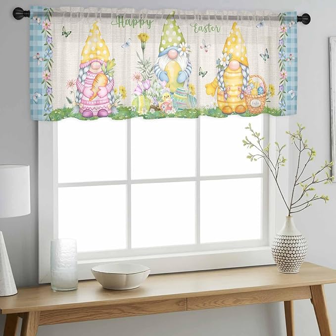 Easter Sheer Valances for Windows 60"x18", Light Filtering Kitchen Curtains Valance, Gnomes Colorful Eggs Butterfly Flowers Blue Check Rod Pocket Chiffon Curtains for Living Room Bedroom Cafe