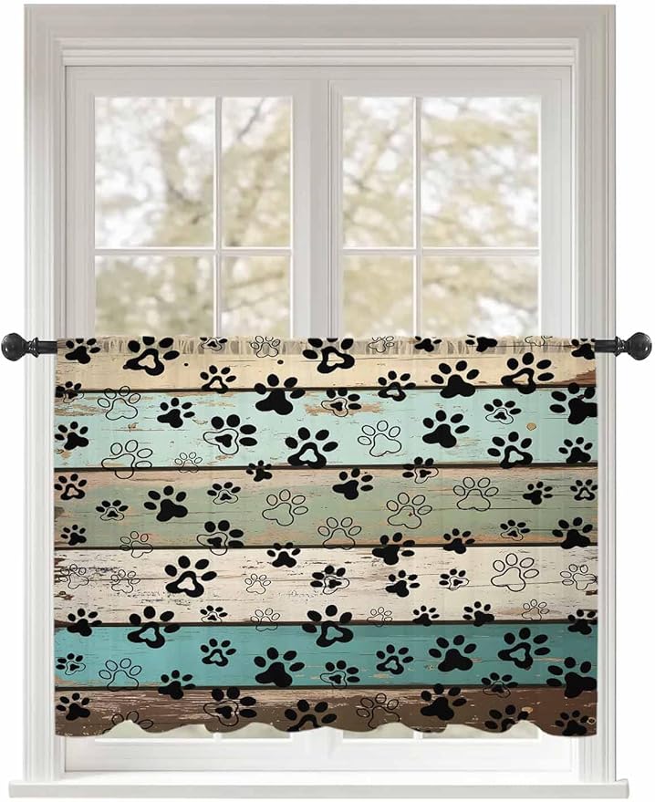 Sheer Curtains 45 Inch Length, Sage Green Brown Paw Prints Semi Sheer Curtains Light Filtering Window Treatment, Vintage Farmhouse Wooden Grain Privacy Voile Drapes for Living Room Bedroom 52x45 Inch