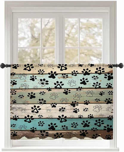 Sheer Curtains 45 Inch Length, Sage Green Brown Paw Prints Semi Sheer Curtains Light Filtering Window Treatment, Vintage Farmhouse Wooden Grain Privacy Voile Drapes for Living Room Bedroom 52x45 Inch