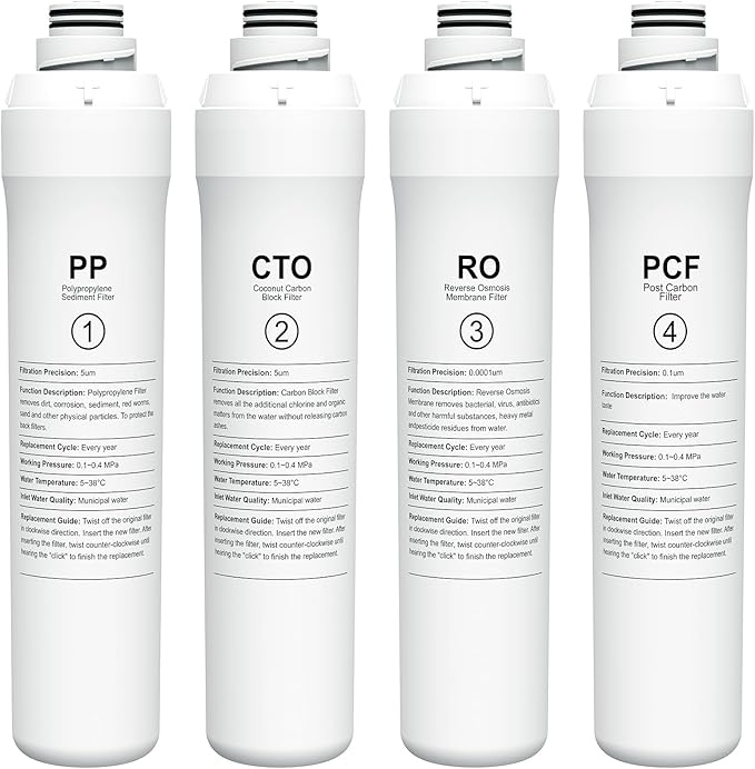 4-Pack Replacement Filter Set Compatible with Bluevua RO100ROPOT RO100ROPOT-UV RO System (1 PP, 1 CTO, 1 RO, 1 PCF)
