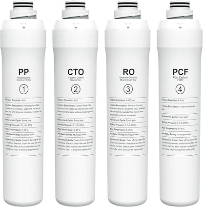 4-Pack Replacement Filter Set Compatible with Bluevua RO100ROPOT RO100ROPOT-UV RO System (1 PP, 1 CTO, 1 RO, 1 PCF)