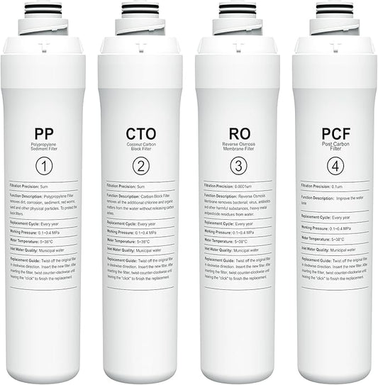 4-Pack Replacement Filter Set Compatible with Bluevua RO100ROPOT RO100ROPOT-UV RO System (1 PP, 1 CTO, 1 RO, 1 PCF)