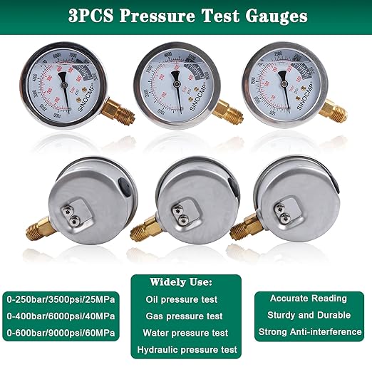 SINOCMP Hydraulic Pressure Test Kit, 3 Pressure Gauges 25Mpa/40Mpa/60Mpa 6 Test Couplings 3 Test Hoses 1 Storage Case Diagnosis Tester Gauge Set for Excavator Construction Machinery Upgraded Version
