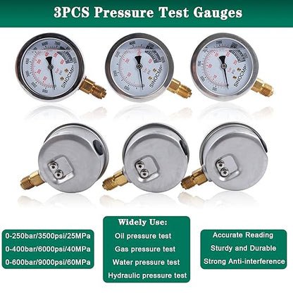 SINOCMP Hydraulic Pressure Test Kit, 3 Pressure Gauges 25Mpa/40Mpa/60Mpa 6 Test Couplings 3 Test Hoses 1 Storage Case Diagnosis Tester Gauge Set for Excavator Construction Machinery Upgraded Version