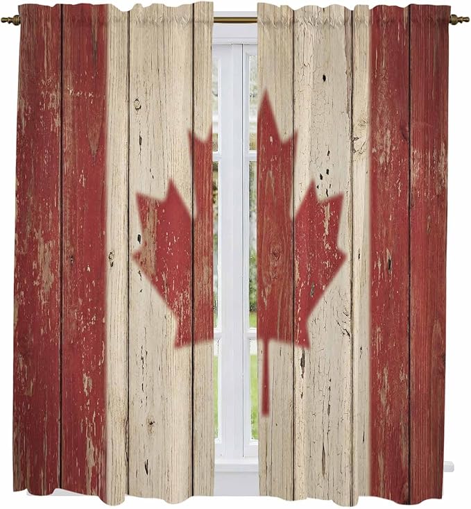 Canada Kitchen Curtains, Red Maple Leaf Flag Vintage Farmhouse Wooden Grain Light Filtering Window Curtain Panels, 2Pcs Rod Pocket Window Treatments Set for Living Room Bathroom Bedroom 42x63 Inches
