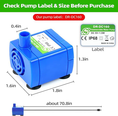 Cat Water Fountain Pump (No Led & with Brush), IP68 DR-DC 160 Submersible Water Pump for Stainless Steel, Ceramic Cat Water Fountain, Ultra Quiet Pet Fountain Pump