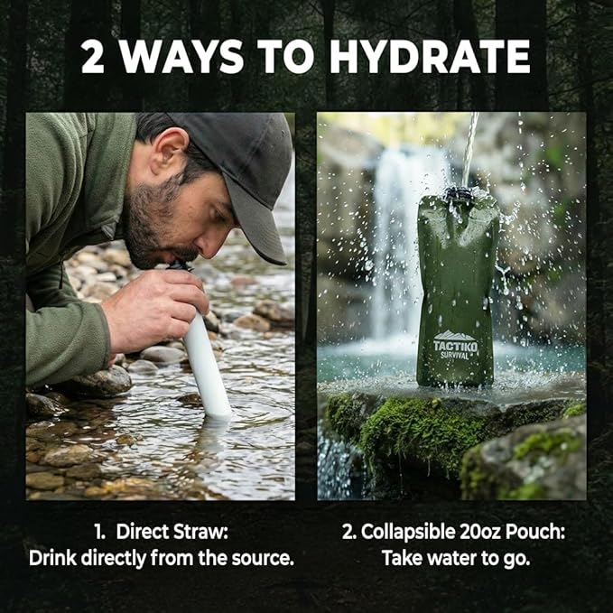 Tactiko Survival 20oz/600ml Purifying Water Bottle Filter Kit - Filter 265 Gal. Water from Rivers, Lakes & Streams - SGS Certified - UF Membrane, Activated Carbon - Camping, Hiking, Emergency (Green)