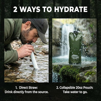 Tactiko Survival 20oz/600ml Purifying Water Bottle Filter Kit - Filter 265 Gal. Water from Rivers, Lakes & Streams - SGS Certified - UF Membrane, Activated Carbon - Camping, Hiking, Emergency (Green)