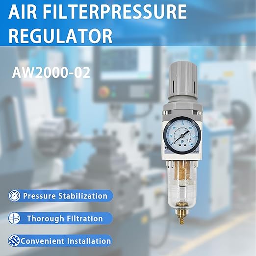 XingNEeng 1/4" NPT Compressed Air Filter Regulator Combo Piggyback, Water/Oil Trap Separator with Pressure Gauge(0-150 psi), Semi-Auto Drain, Poly Bowl, 5 Micron Brass Element, Metal Bracket