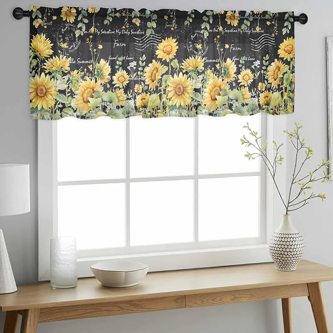 Summer Floral Sheer Valance Curtains, Watercolor Sunflower Eucalyptus Leaves Letter Print Light Filtering Kitchen Valances Rod Pocket Voile Curtain Treatment for Bedroom/Living Room/Basement 54Wx18L