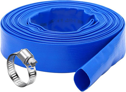 DAVCO 1.25" x 100 ft Pool Backwash Hose, Heavy Duty Reinforced Blue PVC Lay Flat Water Discharge Pump Hoses For Swimming Drain Pools and Clean Filters,with 1 Clamp