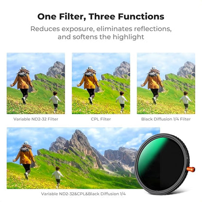 K&F CONCEPT 77mm Black Diffusion Mist Effect 1/4 & Variable ND2-32(1-5 Stops) & Circular Polarizing Filter CPL-in 1 Lens Filter with 18 Multi-Coatings for Camera Lenses (K-Series)