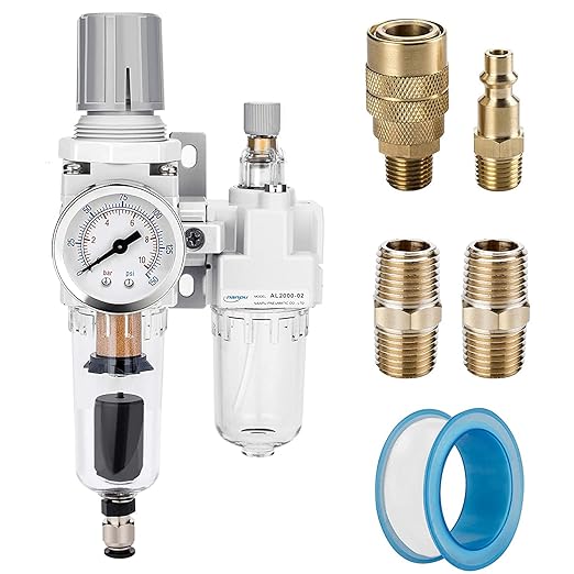 NANPU 1/4" NPT Auto-Drain Air Filter Regulator Lubricator Combo (FRL) Water/Oil Trap Separator - Gauge(0-150 psi), 5 Micron Brass Element, Poly Bowl, Metal Bracket