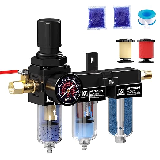 NEWPO 1/4" NPT Three Stage Air Drying System,air Pressure Regulator with 5＆0.01 Micron Filter Cartridge，Desiccant Dryer & Air Compressor Dryer, Metal Bowl Semi-Auto Drain