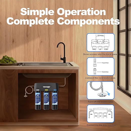 Vortopt Under Sink Water Filter,with PP,UF,and CTO Cartridges for Water Filtration and Drinking Water,F03,Black.