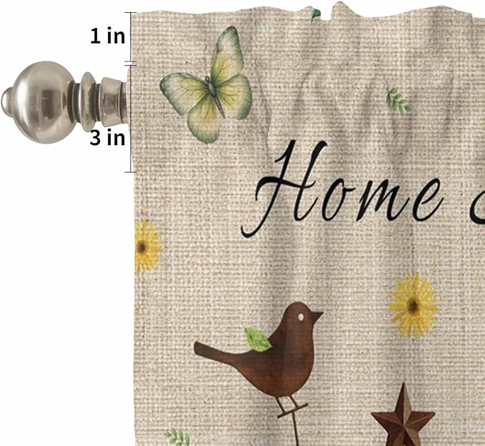 Kitchen Curtains Tiers and Valance Set of 3, Sunflowers Dog Light Filtering Window Curtain Set, Spring Watercolor Floral Stars on Linen Rod Pocket Curtain Drapes for Cafe, Living Room, 24 Inches Tiers