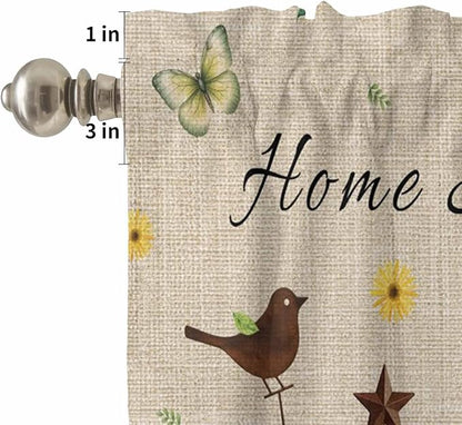 Kitchen Curtains Tiers and Valance Set of 3, Sunflowers Dog Light Filtering Window Curtain Set, Spring Watercolor Floral Stars on Linen Rod Pocket Curtain Drapes for Cafe, Living Room, 24 Inches Tiers