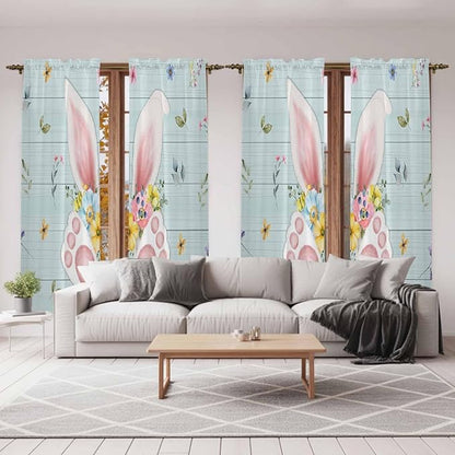Easter Window Curtains 72 Inch Long 2 Panel Set, Rod Pocket Long Curtains & Drapes, Spring Rabbits Ears Feet Flowers Wooden Grain Light Filtering Window Treatment for Bedroom Living Room 52"W x 72"L