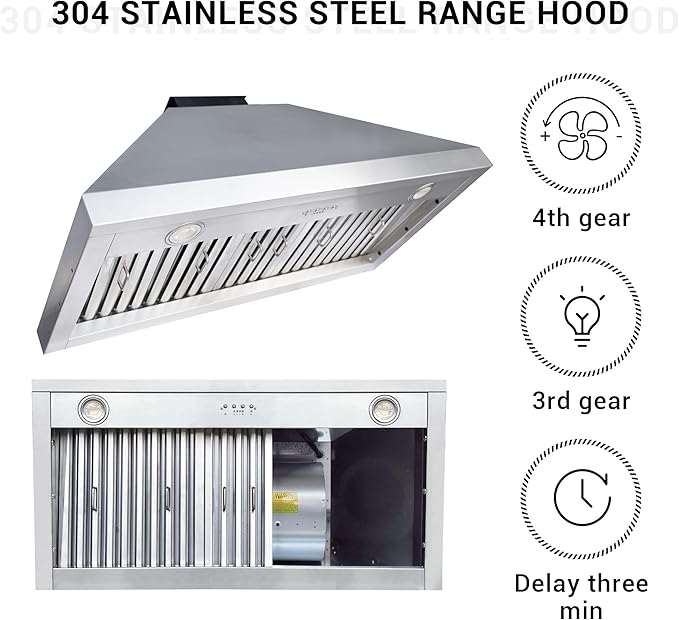 CHETTO C Stainless Steel Range Hood Cover with 4-Speed Vent Hood Insert Custom Handmade Metal Kitchen Fan with Towel Rack LED Light 36"W x27"D x36"H Black Island Mount