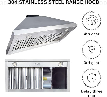 CHETTO C Stainless Steel Range Hood Cover with 4-Speed Vent Hood Insert Custom Handmade Metal Kitchen Fan with Towel Rack LED Light 36"W x27"D x36"H Black Island Mount