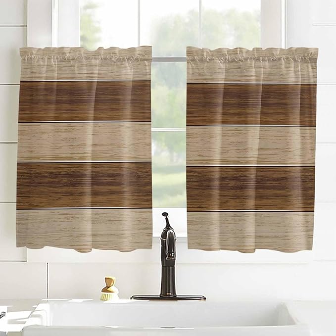 Retro Country Brown Wooden Board Window Valance Curtains, Farmhouse Gradient Plank Light Filtering Kitchen Valance with 3-inch Rod Pocket for Living Room Bathroom Bedroom,2 Panel,52x45In